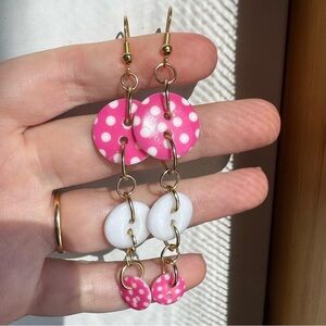 Handmade 2000s inspired pink and white polkadot button earrings